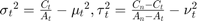 $\sigma{_{t}}^{2} = \frac{C_{t}}{A_{t}} - \mu{_{t}}^2, \tau{_{t}^{2}} = \frac{C_{n} - C_{t}}{A_{n} - A_{t}} - \nu{_{t}^2}$