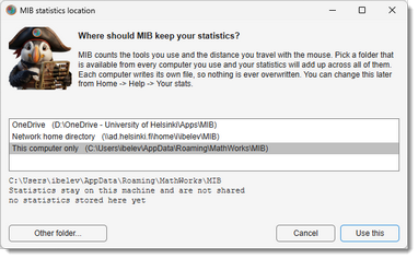 MIB user's statistics location dialog
